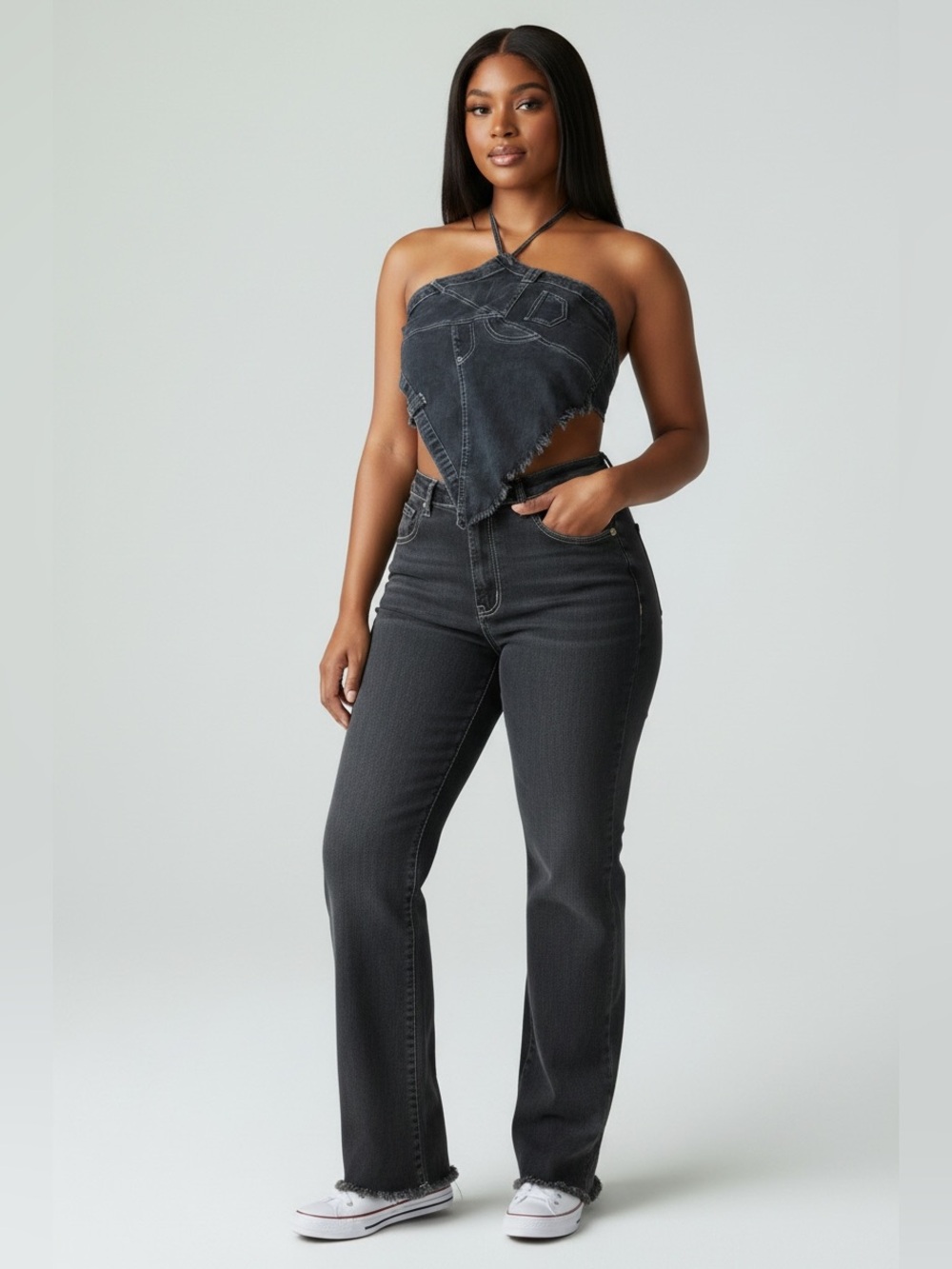 Fashion Nova Halter Top and High-Rise Straight Leg Jean Set in Charcoal Black - Picture 1 of 6